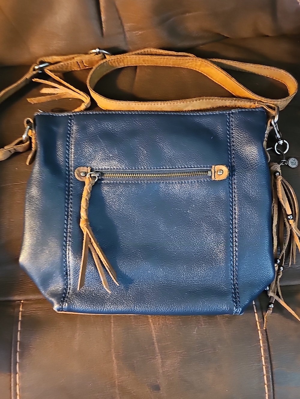 THE Sak Blue Crossbody Leather-Style Bag with Tan Trim
